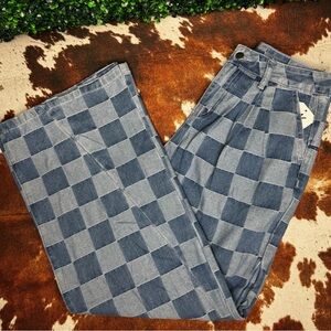 Checkerboard Denim Wide Leg Jeans - Blue